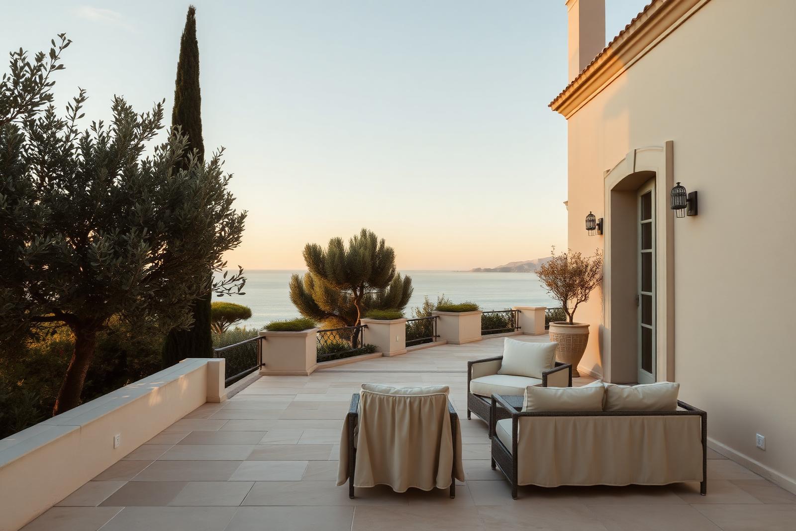 A Mediterranean coastal villa terrace at golden hour